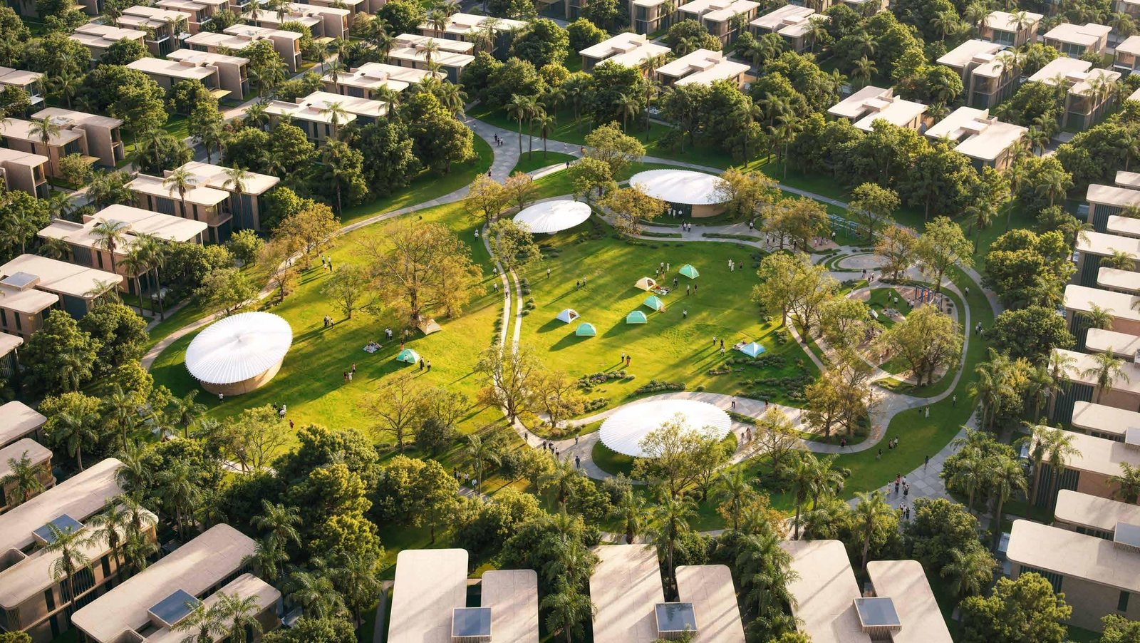 Aerial view of Manchester City Yas Residences Yas Island showcasing branded luxury villas, townhouses, and waterfront masterplan